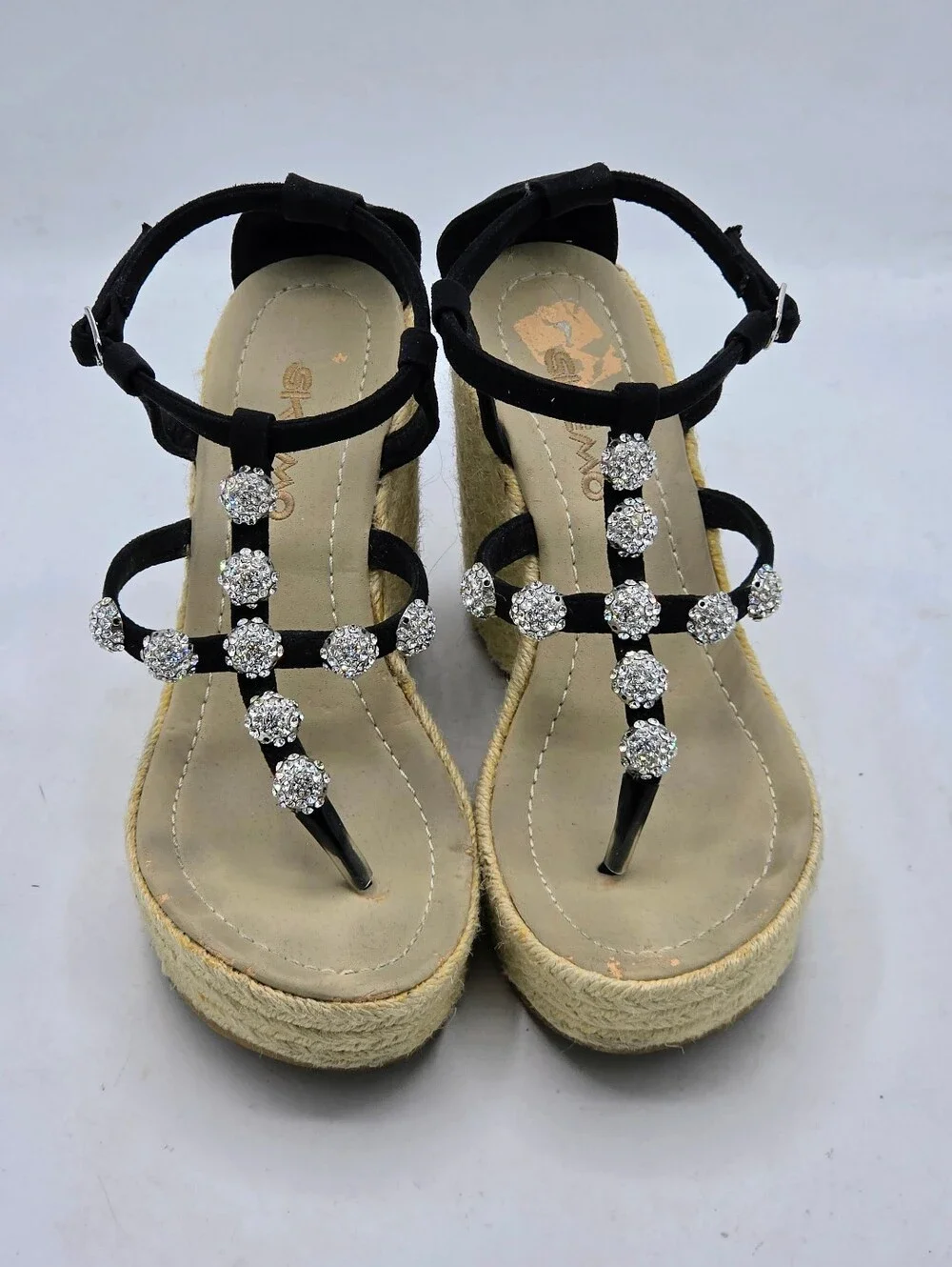 Skemo Rhinestone Espadrille Wedge Sandals Black Suede Strappy Size 7
